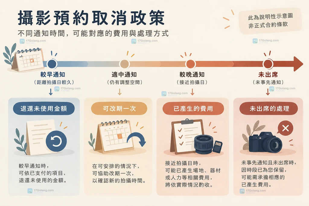摄影预约从提前通知到临近拍摄的取消时间窗与退款、改期、已发生成本处理关系说明图