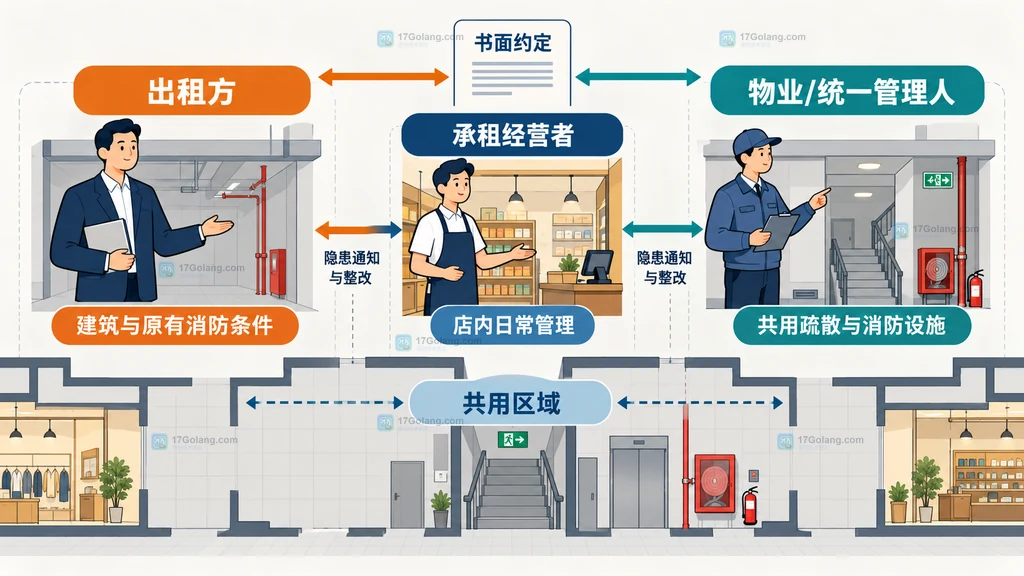 小型展会现场负责人、引导员、广播联络员和集合点清点员的消防疏散岗位联动示意图