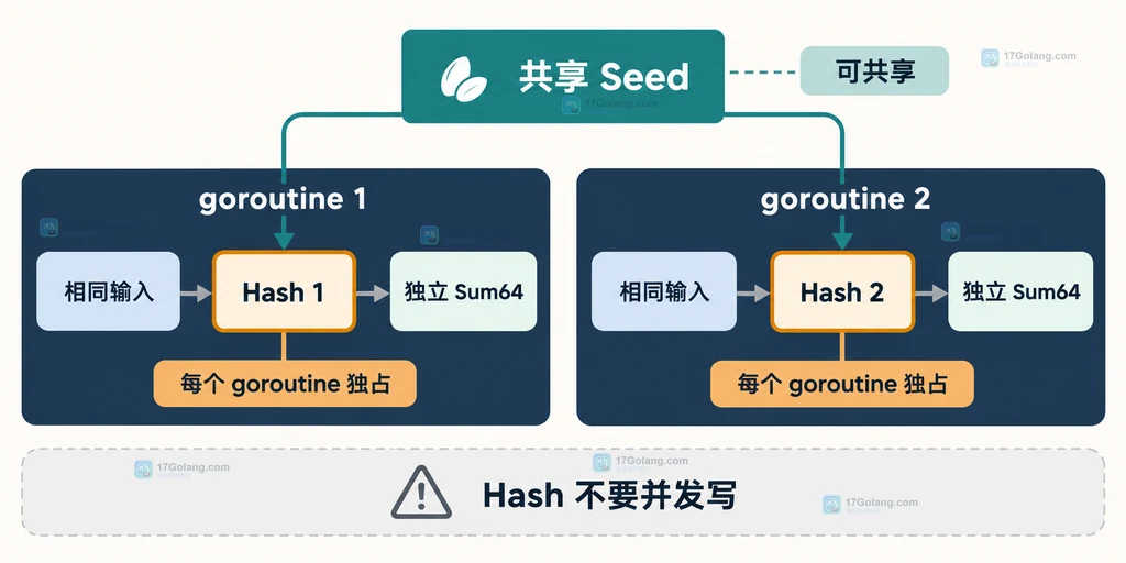 并发计算中共享 Seed 与每个 goroutine 独占 Hash 的关系说明图