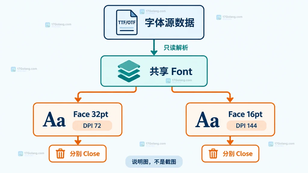 共享 Font 派生多个独立 Face 并分别关闭的所有权结构说明图