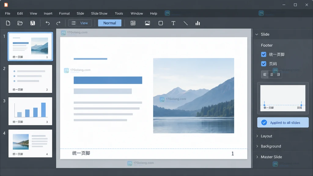 LibreOffice Impress 原创界面说明图：View Master Slide 与 Master Elements 中启用 Footer 占位符