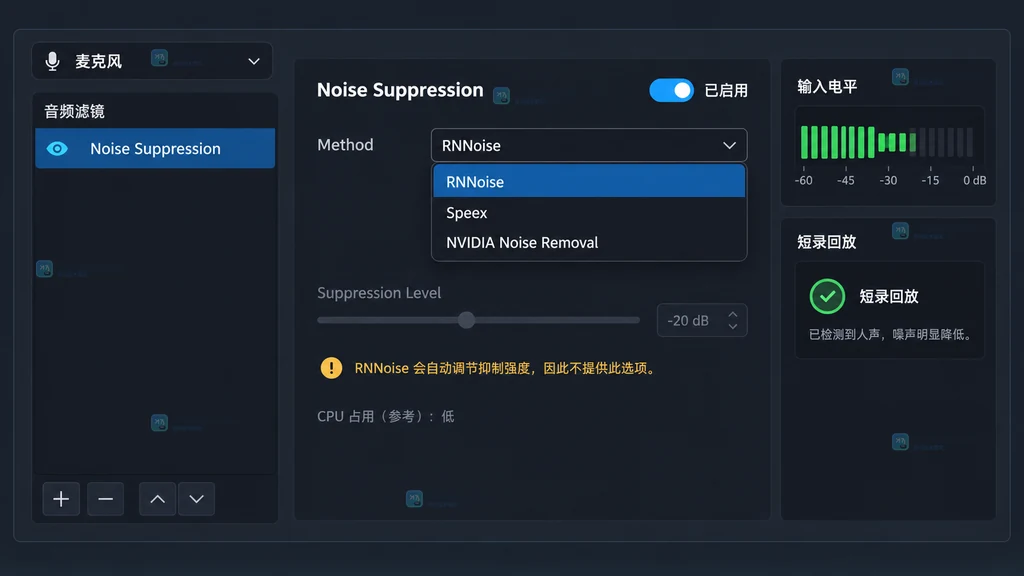 原创界面说明图展示 Noise Suppression 的方法选择、参数边界和短录回放核对状态
