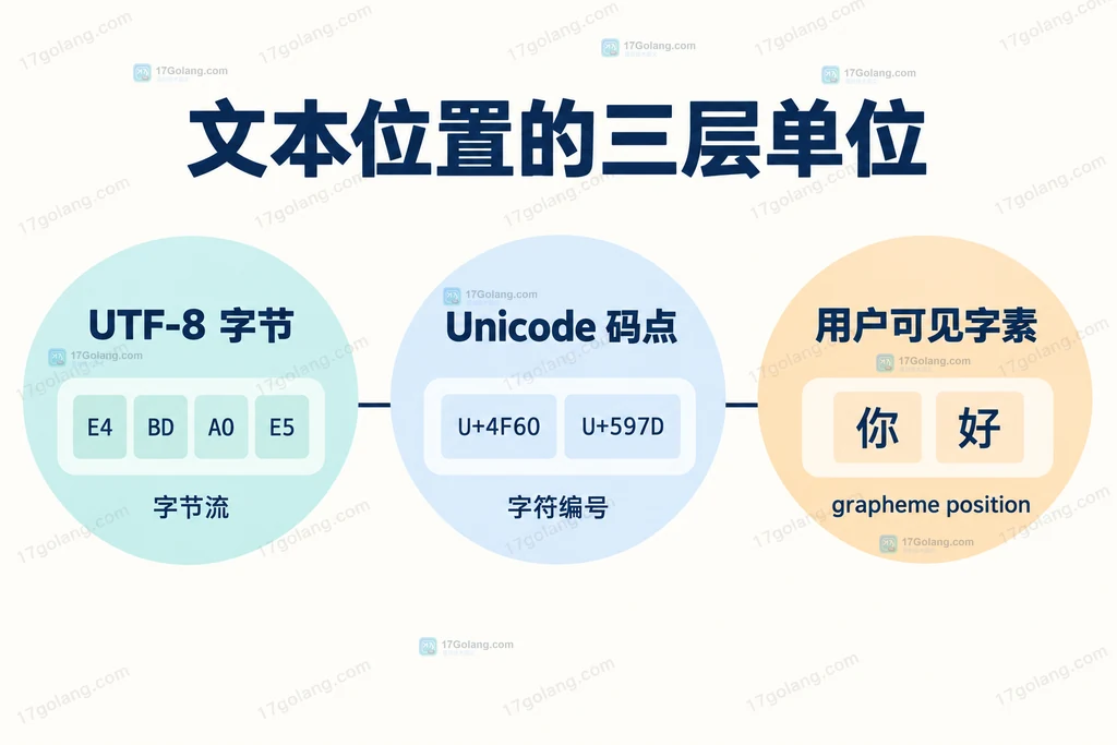 UTF-8 字节、Unicode 码点与用户可见字素三层位置单位的静态关系图