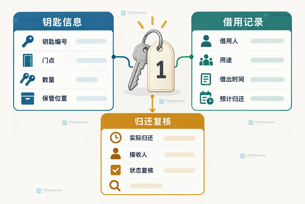 公共钥匙登记字段结构示意图，包含编号、借出信息和归还复核