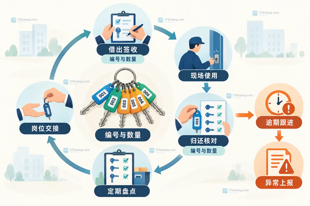 公共钥匙借出、归还、逾期和盘点复核的闭环关系示意图