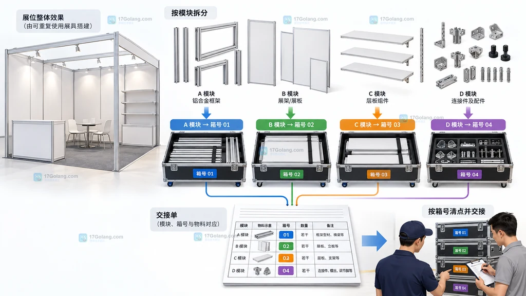 会展可复用展具按模块编号并对应箱号与交接单的静态结构图