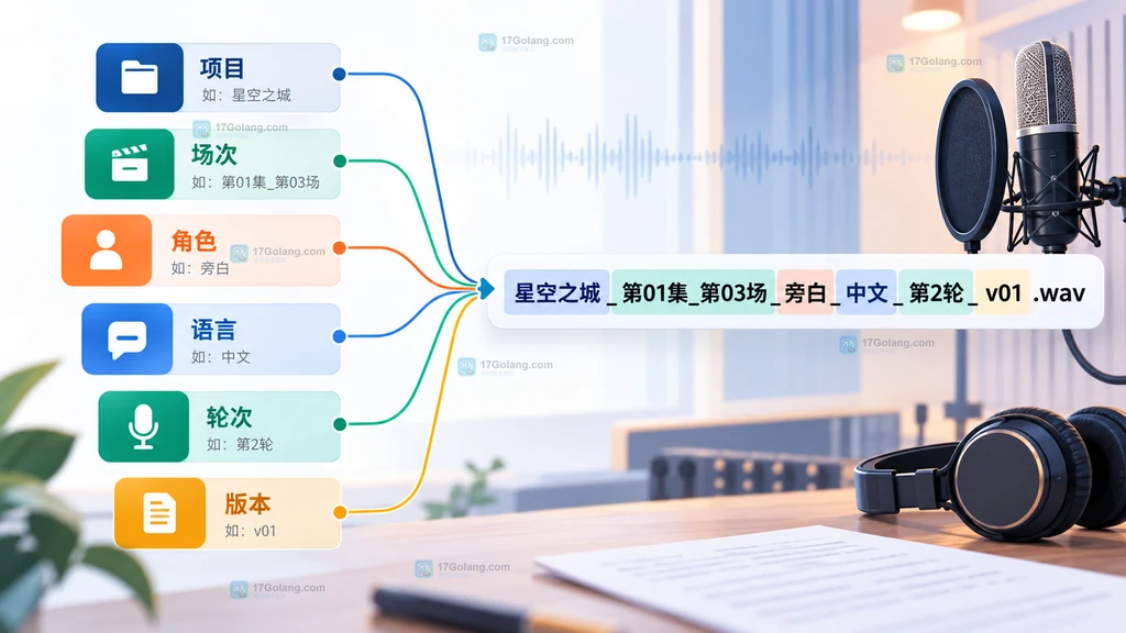 配音项目的项目、场次、角色、语言、轮次和版本字段汇聚成统一音频文件名的原创说明图