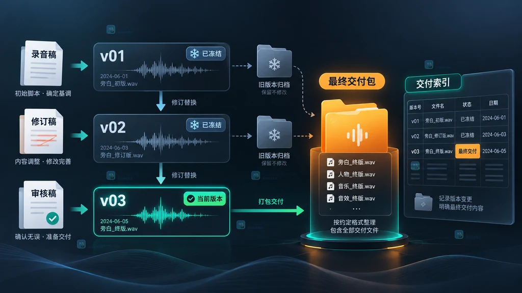 配音文件从录音稿、修订稿到审核稿和最终交付包的版本关系说明图
