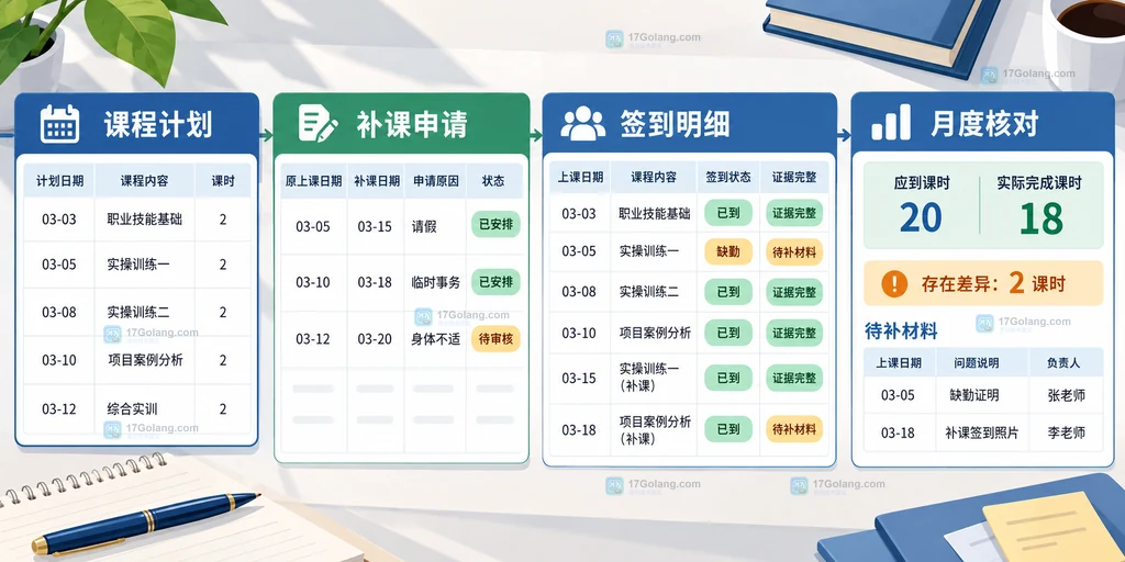 职业培训机构补课申请、审核记录和实际出勤之间的关联结构示意图