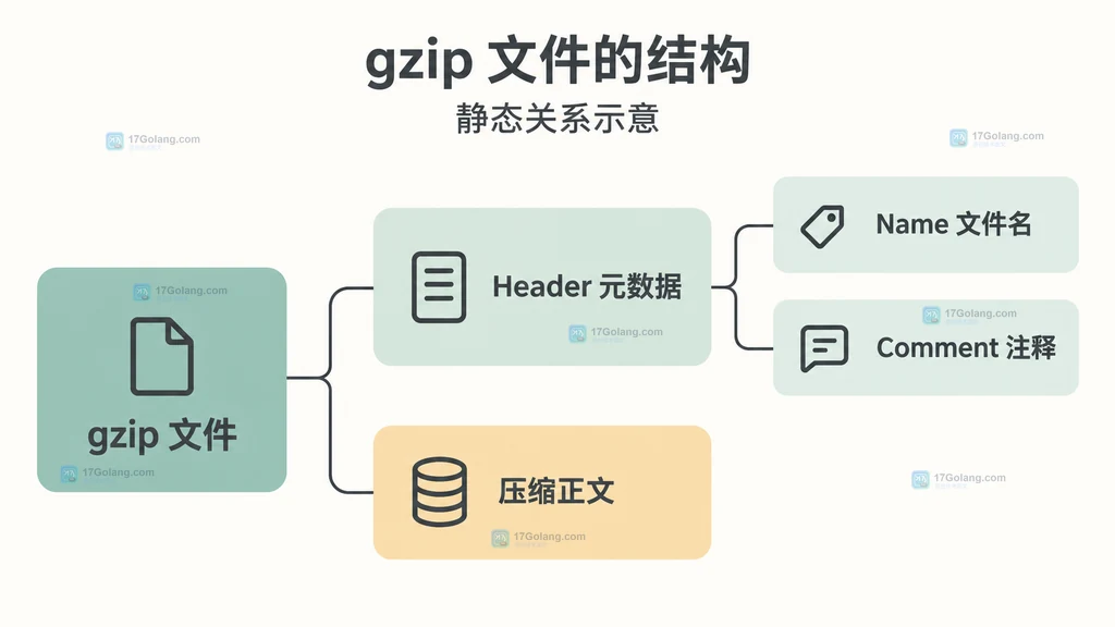 gzip 文件头元数据与压缩正文的关系示意图