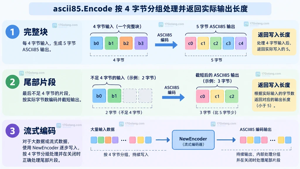 ascii85 Encode 预留目标缓冲并通过返回长度截取有效结果的说明图