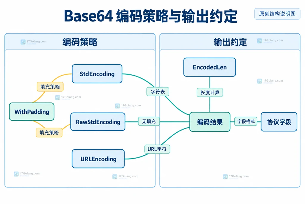 Go Base64 编码方案中 StdEncoding、RawStdEncoding、URLEncoding、WithPadding、EncodedLen 与协议字段的静态关系说明图