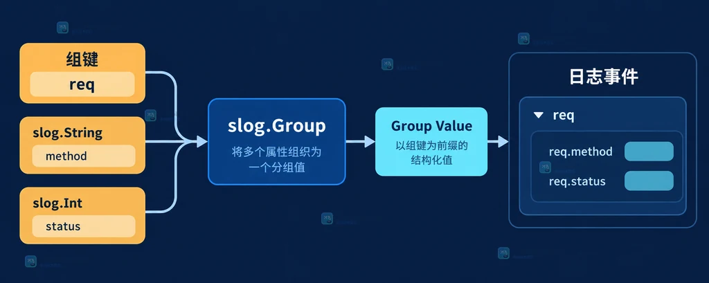 slog.Group 的组键、属性参数、Group Value 与日志事件的关系说明图