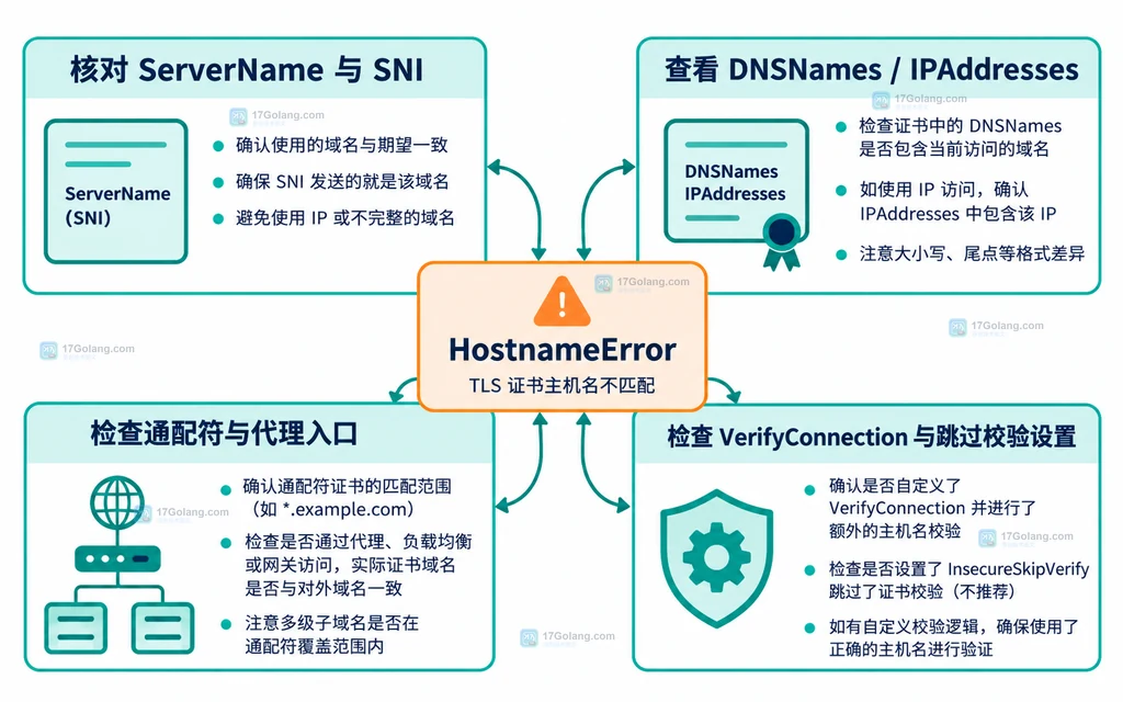 Go TLS 证书主机名不匹配的排查关系图