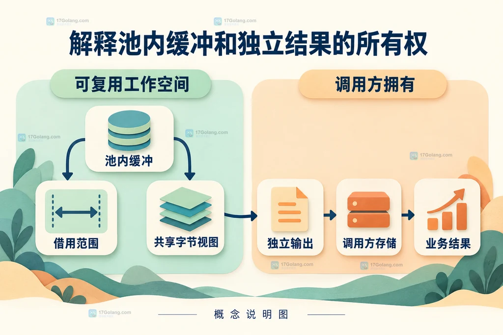 缓冲借用期间与独立输出切片之间的数据所有权说明图