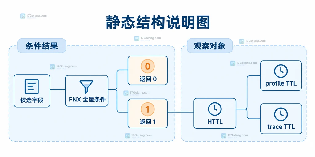 HSETEX 的 FNX 全量条件、0/1 返回值与 HTTL 字段级 TTL 关系静态结构图