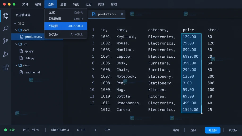 VS Code 风格编辑器中出现多光标和矩形选区的原创结果示意图