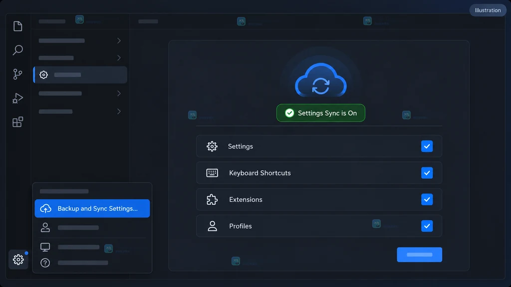 VS Code Settings Sync 配置选择器说明图,展示 Settings、Extensions 与 Profiles 等同步类别