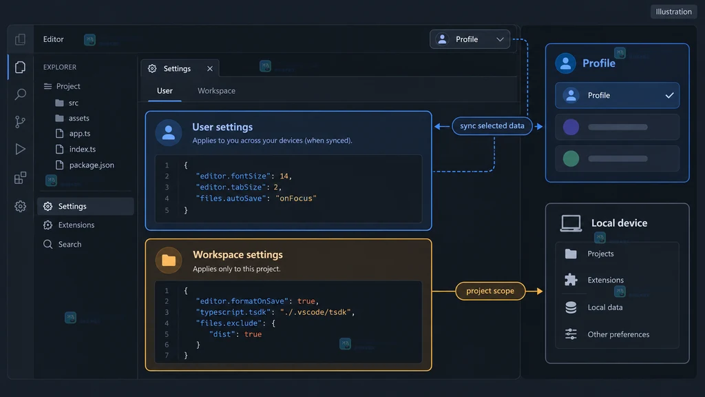 VS Code 用户设置与工作区设置范围说明图,展示 Profile、User settings 与 Workspace settings 的关系