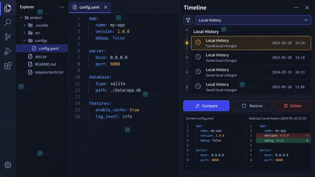 VS Code 风格原创界面说明图,展示 Timeline 过滤 Local History 并选择记录进行 Compare 和 Restore