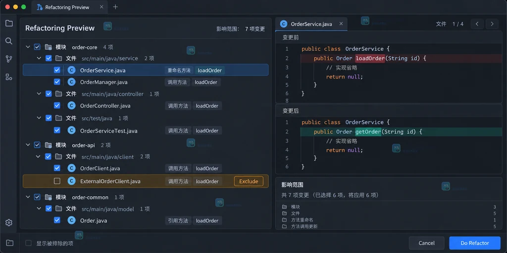 JetBrains IDE Refactoring Preview 结果树、排除项和批量应用按钮的原创界面说明图