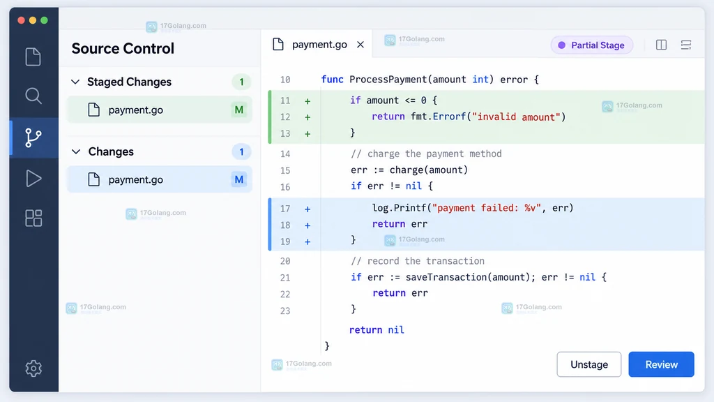 Git 图形客户端 Source Control 的 Changes 列表与 diff editor 选中文件块的操作示意图