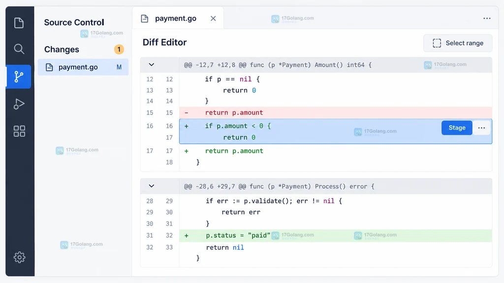 Git 图形客户端 Staged Changes 与 Changes 分离显示同一文件不同修改块的结果示意图