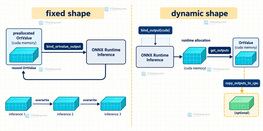 ONNX Runtime 固定输出缓冲区复用与动态输出分配边界说明图