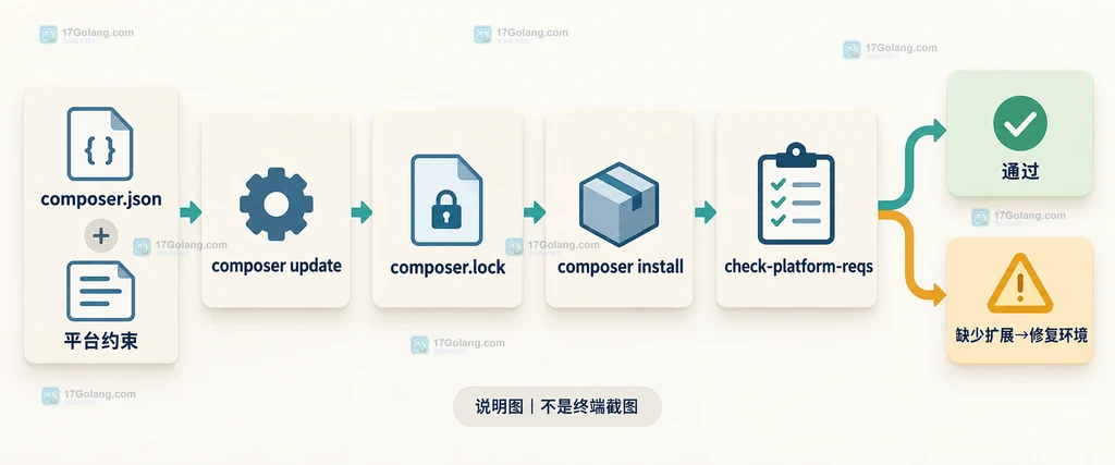 PHP Composer 迁移从平台约束、锁文件安装到真实环境检查的结果判断说明图