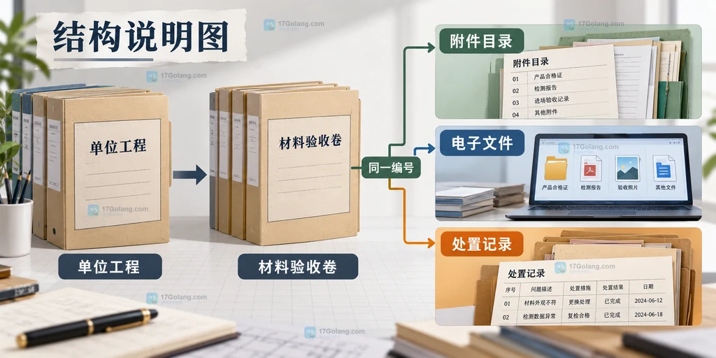 建筑项目材料验收资料按单位工程、材料验收卷、附件目录、电子文件和处置记录互相定位的结构图