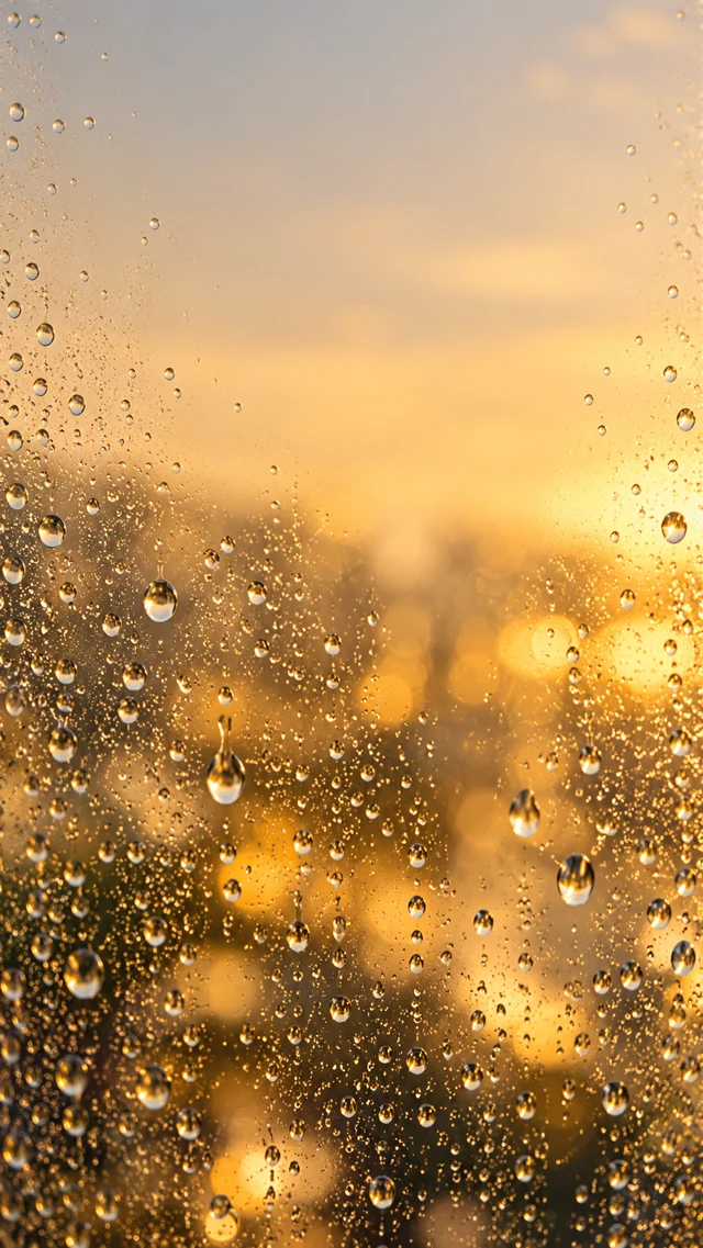 琥珀雨滴玻璃的暖色手机壁纸提示词