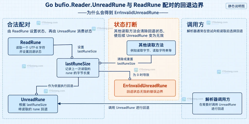 ReadRune、UnreadRune、lastRuneSize、其他读取方法和 ErrInvalidUnreadRune 的配对边界说明图
