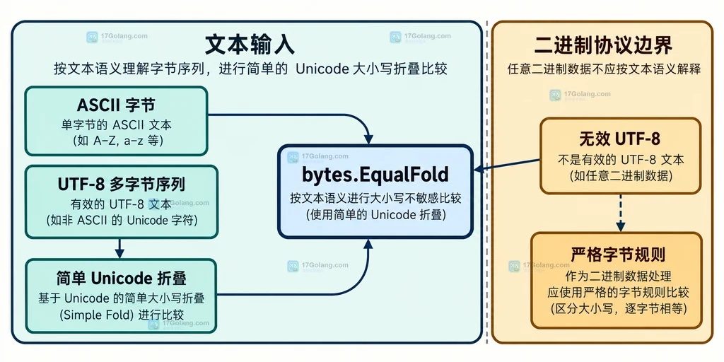 ASCII 字节、UTF-8 多字节序列、简单 Unicode 折叠与二进制输入之间的 bytes.EqualFold 选择边界说明图