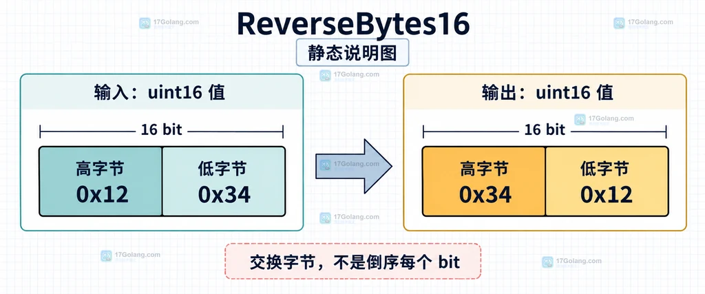 uint16 的高字节和低字节经过 ReverseBytes16 交换位置的静态关系说明图