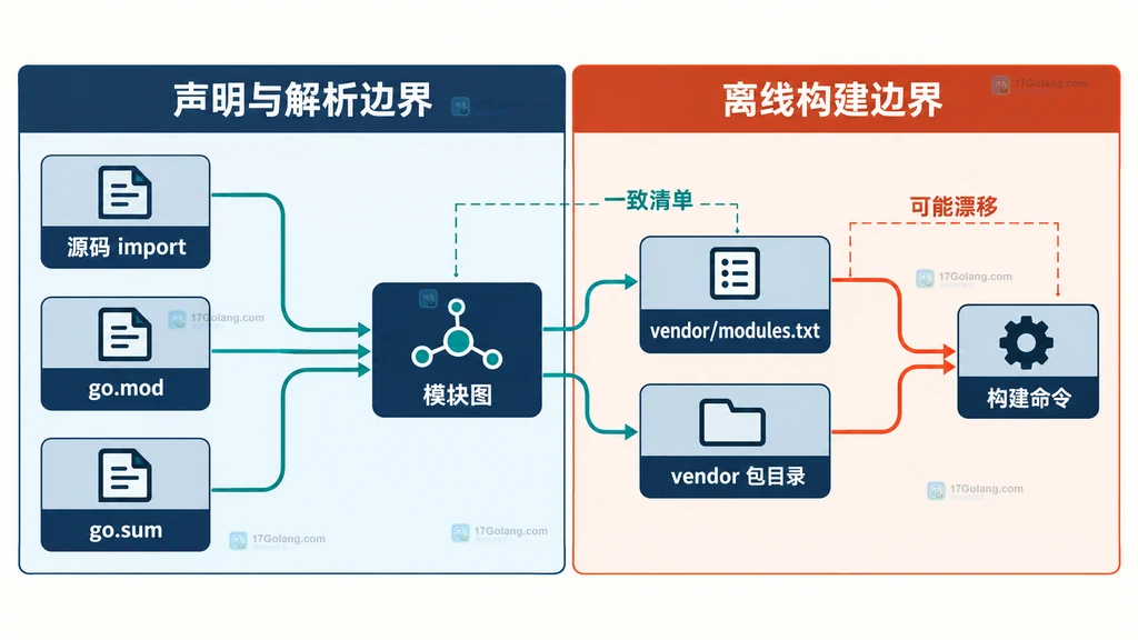 Go 源码、go.mod、模块图与 vendor 清单之间的依赖边界说明图