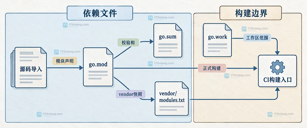 Go mod tidy 修复后 go.mod、go.sum、vendor 与 CI 构建入口对齐的边界关系说明图