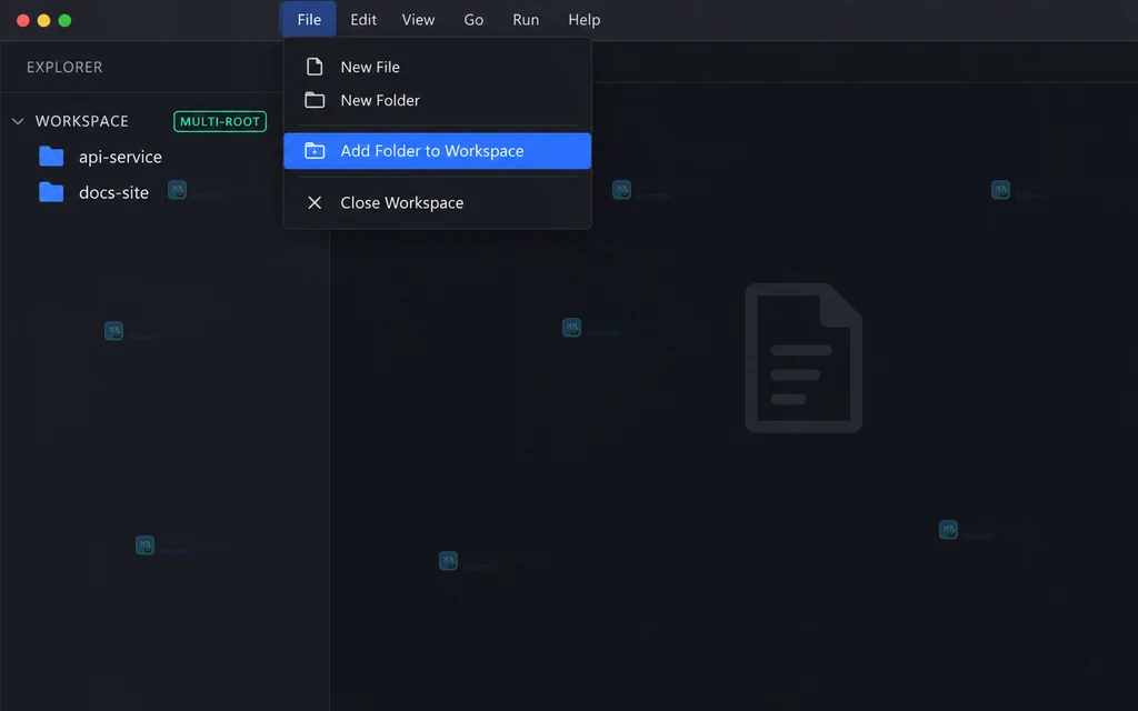 原创操作示意图，VS Code 多根工作区中并列显示 api-service 和 docs-site 两个根文件夹