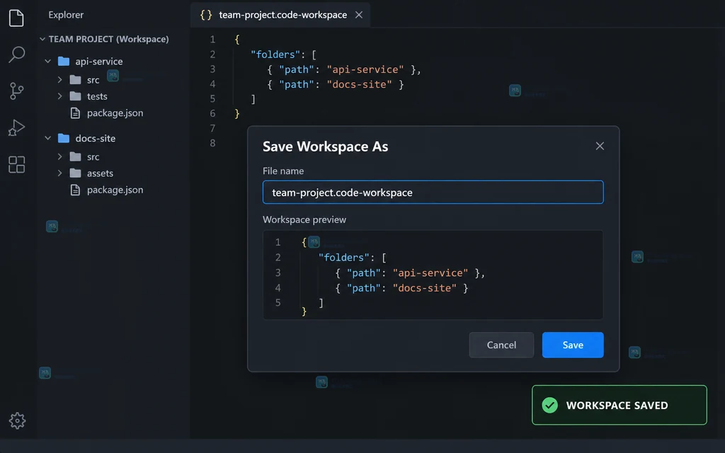 原创结果示意图，保存后的 team-project.code-workspace 恢复 api-service 和 docs-site 两个根文件夹