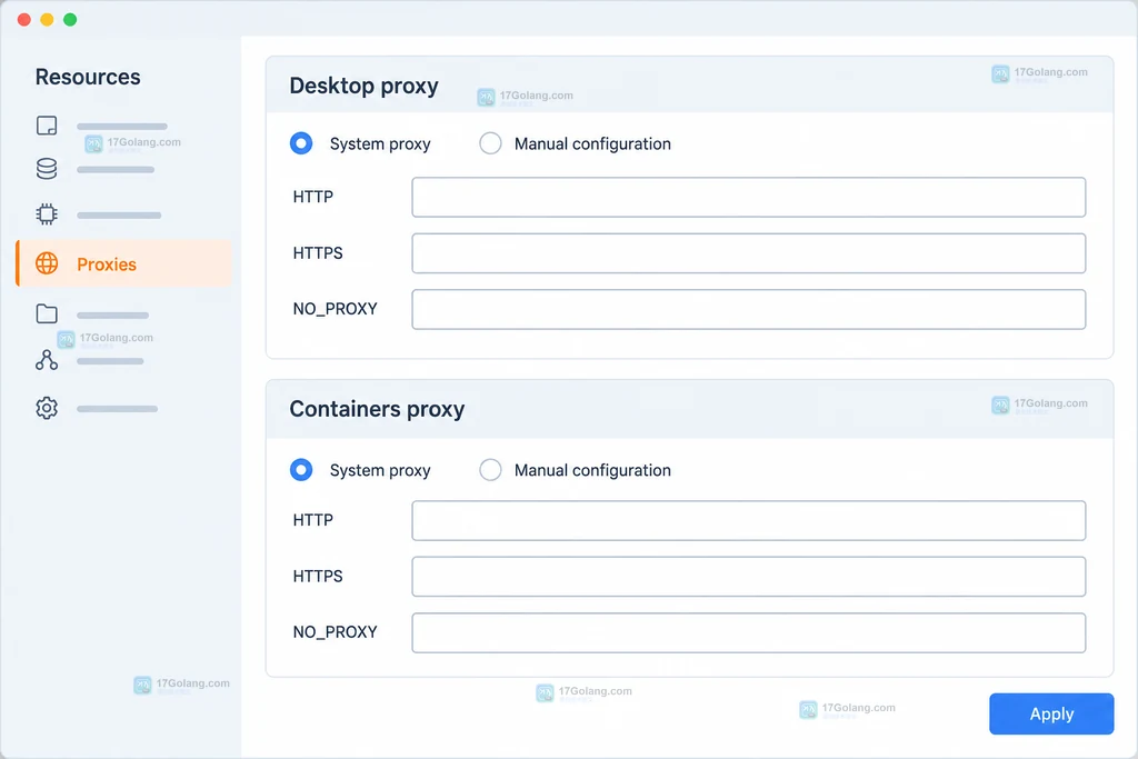Docker Desktop Resources Proxies 页面中 Desktop proxy 与 Containers proxy 的原创设置界面说明图