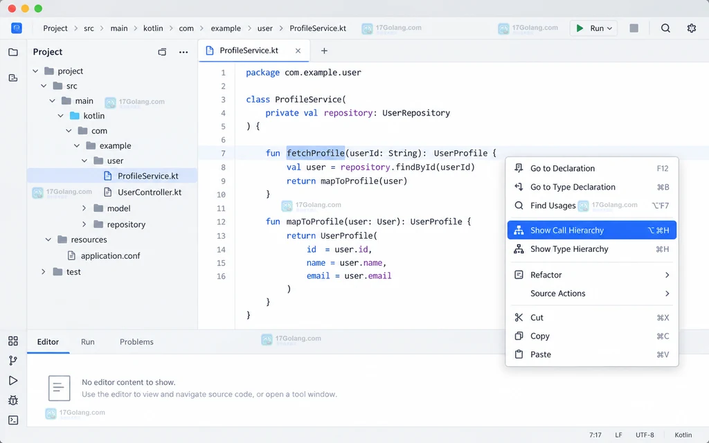 原创 JetBrains 风格 IDE 界面中选中 fetchProfile 并高亮 Show Call Hierarchy 菜单项的操作示意图
