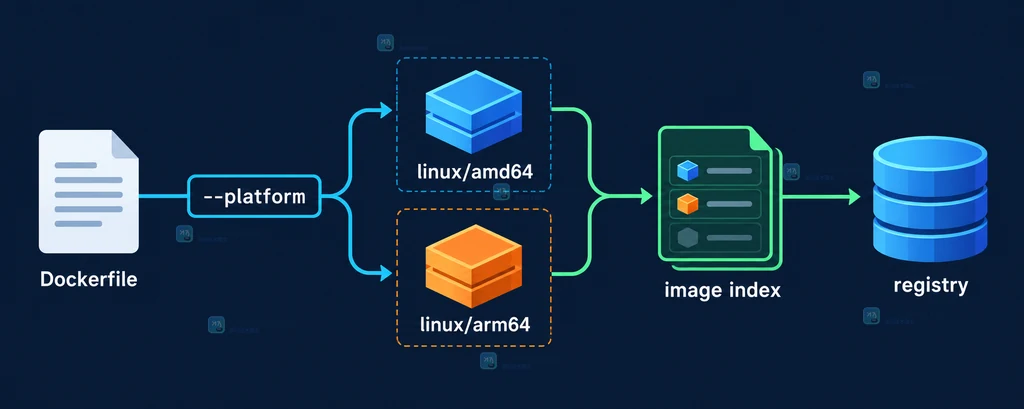 Docker Buildx builder、平台列表、各平台 manifest、manifest list 与 registry 的静态边界图