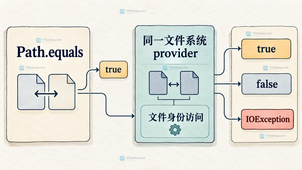 Path.equals、文件系统 provider、文件身份访问与 true false IOException 的边界说明图