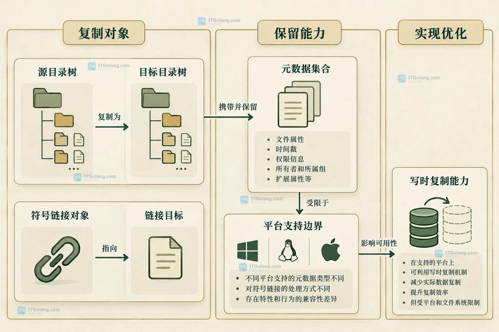 Path.copy 复制结果、符号链接分支和平台元数据支持边界说明图