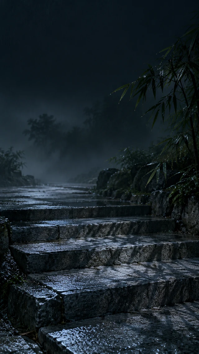手机壁纸提示词：竹影映在雨夜青石台阶上