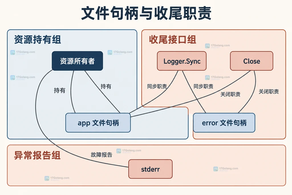 Zap日志同步、文件句柄关闭与独立错误报告的资源归属结构图