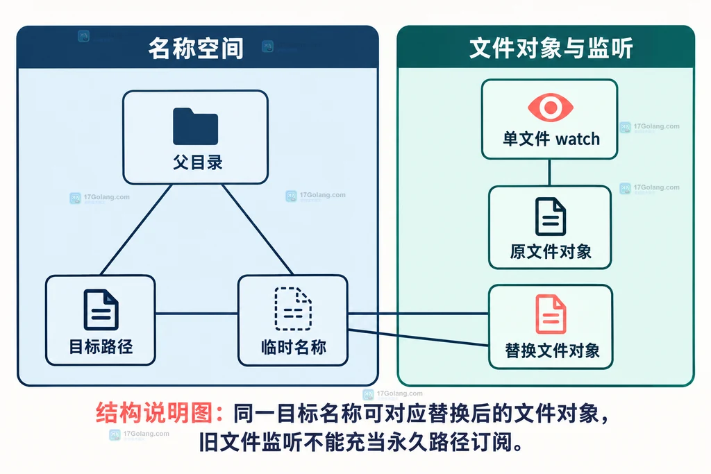 fsnotify 目标路径与替换前后文件对象结构图