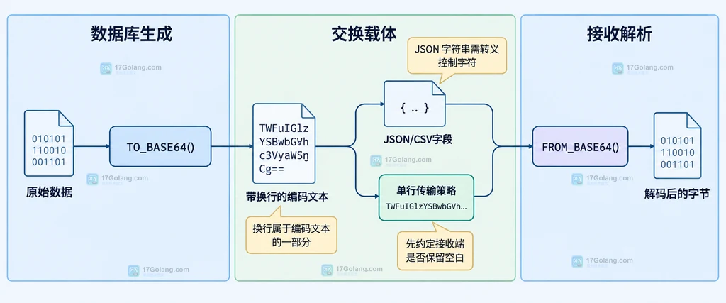 MySQL Base64 编码文本在数据库、JSON或CSV和接收解析之间的静态兼容边界图