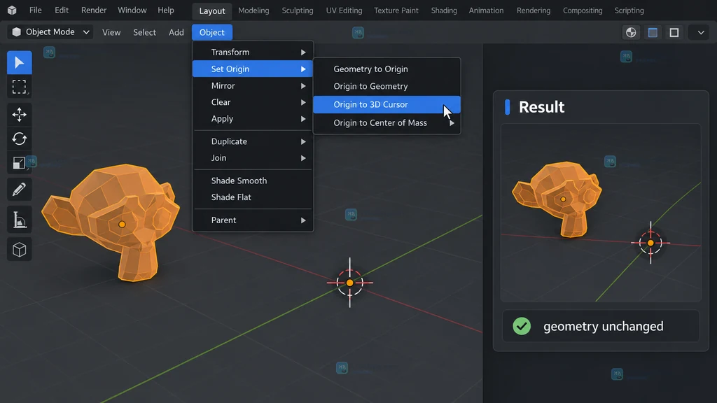 Blender 三维视图中通过 View 面板设置 3D Cursor 坐标的原创操作示意图