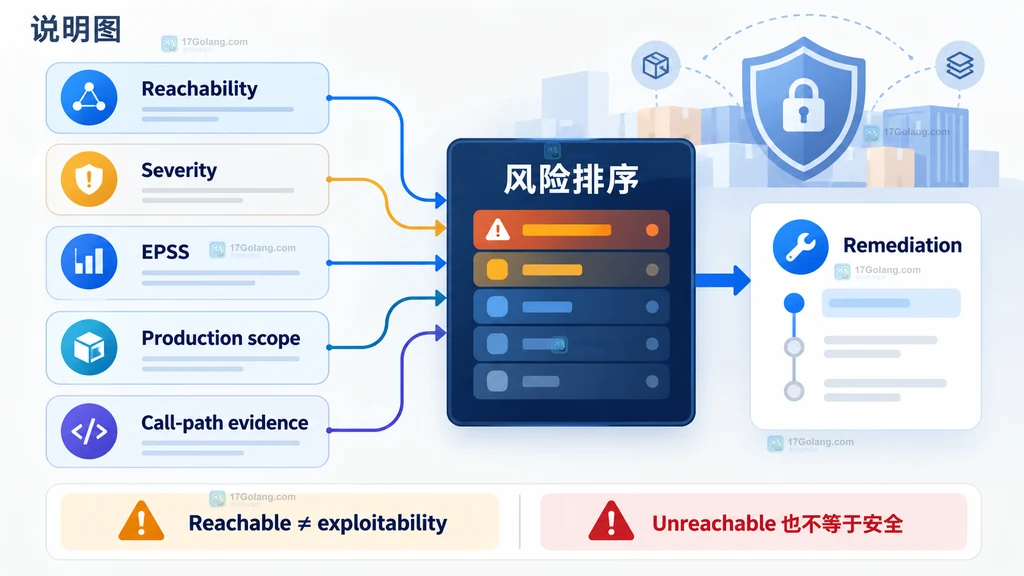 Dependabot 可达性分析从应用代码经过依赖包到易受影响函数并归纳四种 verdict 的关系说明图