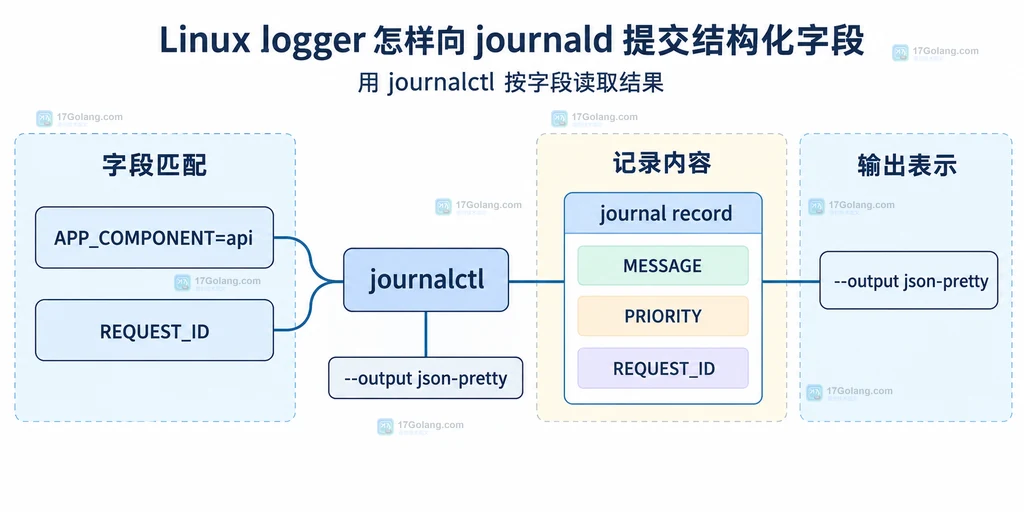 journalctl 按 APP_COMPONENT 和 REQUEST_ID 匹配 journald 记录并以 JSON 展示字段的关系说明图
